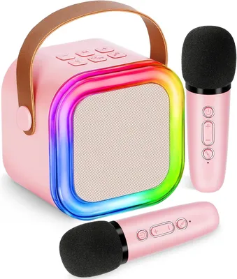 Produktbild von Bluetooth Karaoke Maschine mit 2 kabellosen Mikrofonen, Bluetooth Lautsprecher mit Gesangsentferner, 3 LED-Lichtmodi Karaoke Maschine, Rosa