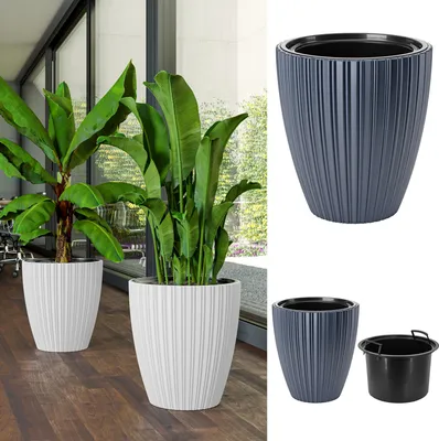 Produktbild von Blumenübertopf "Line" mit herausnehmbaren Einsatz 2in1, 3D-Textur, Oval | Höhe: 42cm | Farbe: Anthrazit
