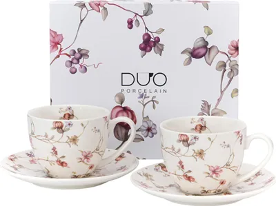 Immagine prodotto di DUO | Tazza da caffè con piattino - Tazza da tè - Set di 2 - 270 ml - Colorata - Fiorita - Mug - Confezione regalo