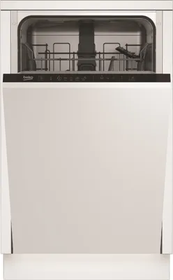 A front view of a white, fully integrated Beko dishwasher with its door open, revealing the interior racks and control panel.