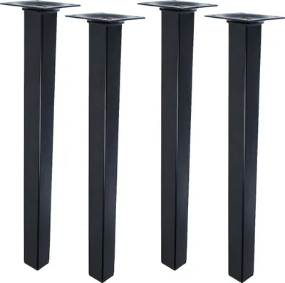 Four black table legs are arranged in a row against a white background.