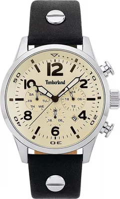 A close-up studio shot of a men's wristwatch with a cream-colored dial and black leather strap.
