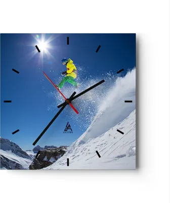 Produktbild von Wanduhr - Quadrat - Glasuhr - Ski Winter Schnee Berg - 30x30cm - Schleichendes Uhrwerk - Lautlos - zum Aufhängen bereit - Dekoration Modern - Wanddekoration aus Glas - C3AC30x30-2856
