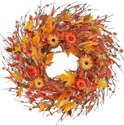 Productafbeelding van Herfstkrans, 50 cm - Decoratie met pompoenen en madeliefjes