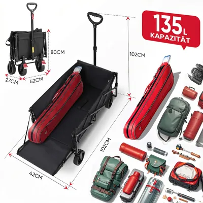 Zdjęcie produktu dla Składany wózek ręczny – wózek transportowy – rozkładana przestrzeń ładunkowa – pojemność 80+35 litrów – udźwig 100 kg – opony terenowe – hamulce – kolor czarny
