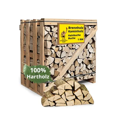 A crate of firewood is shown, with a pile of firewood in front of it.