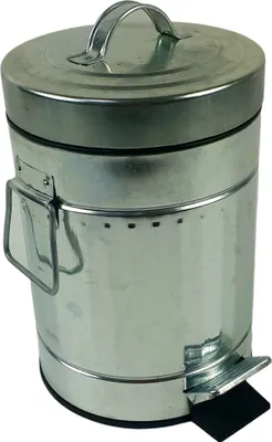 A silver metal trash can with a foot pedal.