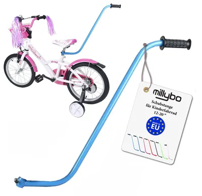 Produktbild von MILLYBO Fahrrad Schubstange für Kinderfahrrad 12–20 Zoll, Fahrrad Lernhilfe, Elternstange, Schiebehilfe Fahrrad, Kinder Fahrradstange, Hellblau
