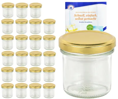 Produktbild von 24er Set Sturzglas 167 ml To 66 goldener Deckel Einkochgläser Marmeladengläser incl. Rezeptheft