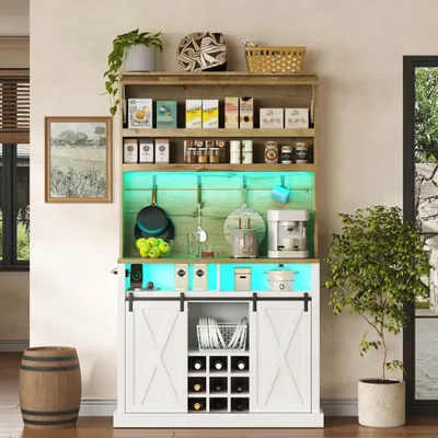 Image de Armoire de cuisine Merax, modèle haut avec éclairage LED et prise électrique, vitrine avec porte rabattante et étagère à vin, étagère de cuisine avec crochets, bar à café, blanc