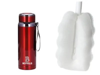 Obrázek produktu pro Termoska Botells 800 ml, nerezová ocel, sítko na čaj, poutko na ruku, robustní, vakuově izolovaná, dvoustěnná, bez chuti (červená čisticím kartáčkem)