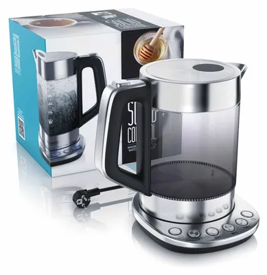 A product shot of a glass electric kettle and its packaging.