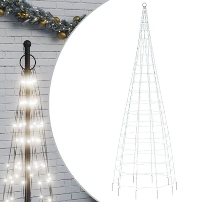 A collage showing a decorated pole with lights and a separate conical frame for a Christmas tree.