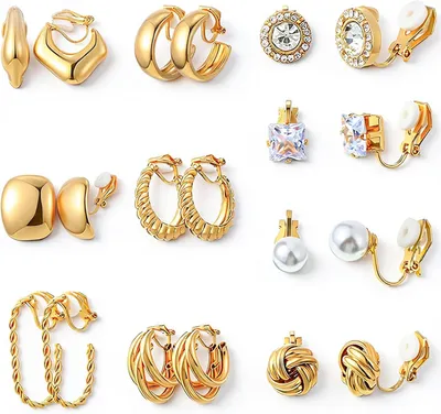 Imagen del producto de Pendientes tipo clip dorados, 10 pares, hipoalergénicos, sin necesidad de perforación, para mujeres y niñas