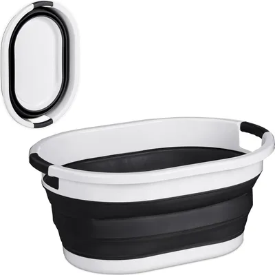 Produktbild von Relaxdays Wäschekorb faltbar, 36 Liter, Wäschewanne Kunststoff, platzsparend zusammenklappbar, mit Griffen, schwarz/weiß