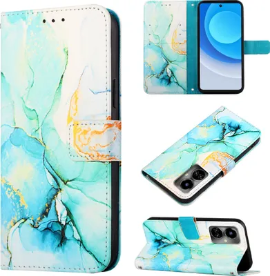 Produktbild von Tecno Camon 19 Hülle, Marmor Motiv Kunstleder Tasche Wallet Kartenfächer mit Standfunktion Klapp Schutzhülle für Tecno Camon 19 Grün
