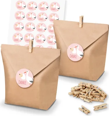 Produktbild von itenga SET 24x Geschenktüten + Klammern Danke / Storch mit Baby (Motiv 138)