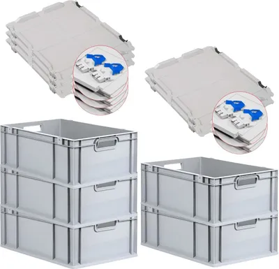 Produktbild von SuperSparSet 5x Eurobox NextGen Grip mit Scharnierdeckel und blauen Schiebeschnappverschlüssen | HxBxT 22x40x60cm | 44 Liter | Grau | Griffe offen | Verstärkter Boden | Eurobehälter, Transportbox, Transportbehälter, Stapelbehälter