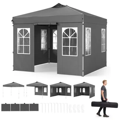 Produktbild von KOMFOTTEU Pop Up Pavillon 3 x 3 m, höhenverstellbarer Gartenpavillon mit 4 Seitenwänden (Grau)