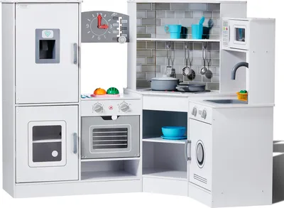 Produktbild von VEVOR Eck-Spielküche aus Holz, Spielzeugset mit Lichtern und Geräuschen, Kleinkinderküche mit Eismaschine, Backofen, Spüle, Uhr, Mikrowellen, Kühlschrank