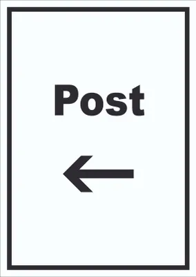 Produktbild von Post Schild mit Text und Richtungspfeil links Annahme Brief Paket hochkant A5 Rückseite selbstklebend