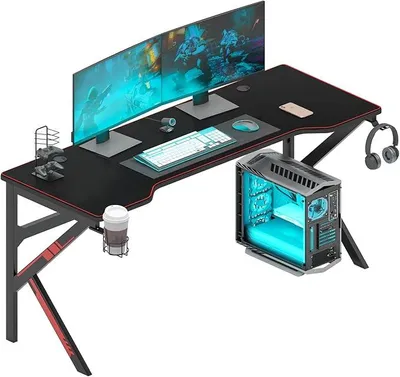 Produktbild von Gaming Tisch Ergonomischer Gaming Schreibtisch 160cm Groß PC Tisch Gaming Desk mit Große Mausunterlage, Gamer Computertisch mit Spielegriff Rack, Getränkehalter & Kopfhörerhaken