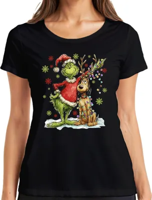 Produktbild von Grinch Weihnachten Rentier Lichterkette Schneeflocken Geschenk Damen T-Shirt, Schwarz, L