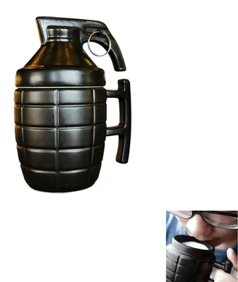Keramiktasse Granatenform, 400 ml, schwarz, mit Deckel, für Militärfans