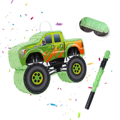 Zdjęcie produktu dla Zestaw piñata Relaxdays, 3 elementy, monster truck, do zawieszenia, dla dzieci, dziewczynek i chłopców, z kijem i maską, bez wypełnienia, zielony