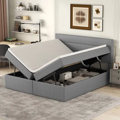 Immagine prodotto di Letto imbottito okwish, letto matrimoniale, struttura in metallo con rete a doghe, ampio vano contenitore, apertura su entrambi i lati, letto a castello 200x140 cm, grigio