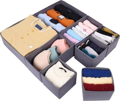 Image de Ensemble de 8 organisateurs pliables en tissu gris, idéal pour ranger les placards et les tiroirs : 4 petits, 2 moyens, 2 grands