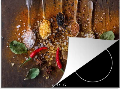 Produktbild von KitchenYeah© Herdabdeckplatte Löffel - Kräuter - Chili - Gewürze - Salz , 75x52cm, Küche Deko, Glaskeramikkochfeld Herdabdeckung, Abdeckplatte fùr Kochfeld
