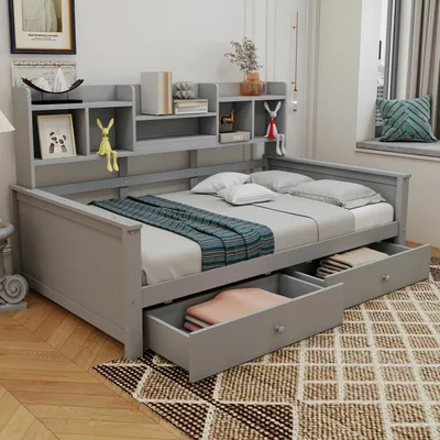 Obrázok produktu pre Rozkladacia pohovka 90x200 cm s 2 zásuvkami a úložnými priestormi, rošt, detská postel, posteľ pre tínedžov, jednolôžková posteľ, multifunkčná posteľ, masívny drevo, sivá farba