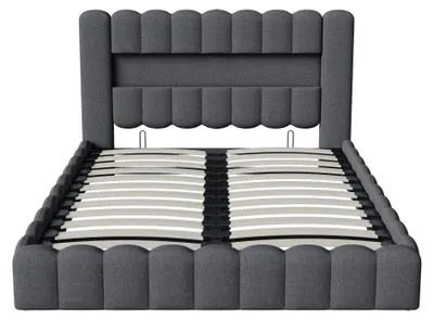 Produktbild von Polsterbett 180x200 cm - Bettgestell Doppelbett - LED-Beleuchtung, USB-Ladeanschluss, Stauraum, moderner Stil, Stoffbezug - Grau