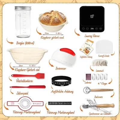 Produktbild von Sauerteig Starterset 13-teilig, faltbare Brotkörbe 28 cm und 25 cm, für Brotbacken