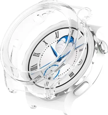 A clear protective case is shown over a white smartwatch with a white face and blue accents.