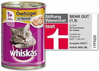 Produktbild von Katzenfutter Nassfutter Whiskas Adult 1+ Geflügel 12x400g Terrine Dosen