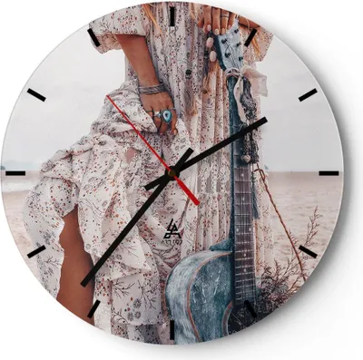 Produktbild von Wanduhr - Rund - Glasuhr - Frau Kleid Gitarre - 40x40cm - Schleichendes Uhrwerk - Lautlos - zum Aufhängen bereit - Dekoration Modern - Wanddekoration aus Glas - C3AR40x40-4685