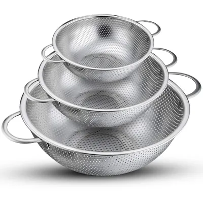 Produktbild von HI NATURE™ Küchensieb Set 3-teilig (Ø 17/23/29 cm) – Feinmaschiges Edelstahl Sieb mit Standfuß & 2 Griffen – Spülmaschinenfestes Nudelsieb