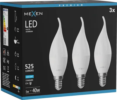 Zdjęcie produktu dla Mexen Nova 3x żarówka LED płomyk E14, C37, 5W, Zimna - 6500K, 525 lm - L106-E14-0565-01x03
