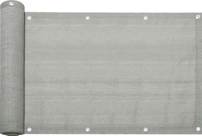 A rolled-up grey fabric fence screen is laid out flat against a white background.