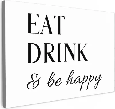 Produktbild von MuchoWow® - Leinwandbilder - Zitat - "Essen, trinken und glücklich sein" - Weiß - Schwarz, Wandbild, Wanddeko Bilder Wohnzimmer, 30x20cm