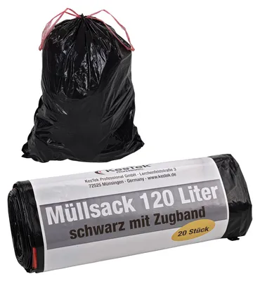 KesTek Müllsäcke Abfallsäcke Müllbeutel Zugbandbeutel 120L 20 Stück LDPE 40µm Schwarz 4066986405709 409511 40570KT