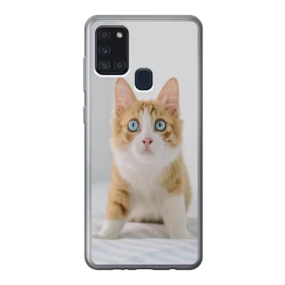 Produktbild von MuchoWow® Handyhülle Schutzhülle Hülle für Samsung Galaxy A21s Kätzchen - Blau - Orange - Mädchen - Jungen - Kind Silikon Softcase Handy Hülle - Hartschale