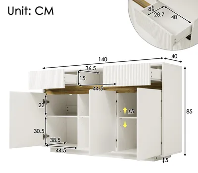 Immagine prodotto di Credenza 140 x 40 x 85 cm bianca con LED, 2 cassetti e 3 ante, ripiani regolabili, per soggiorno, ingresso e cucina