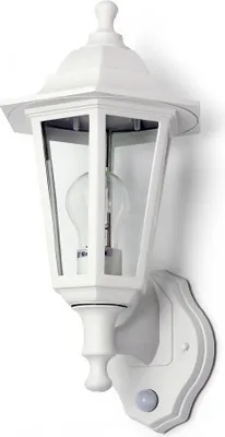 A white outdoor wall lamp with a vintage design is shown against a white background.
