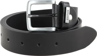 A black leather belt with a silver buckle is shown.