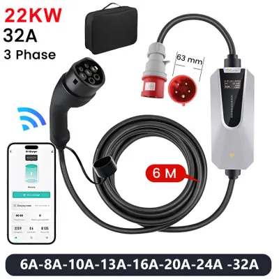 Productafbeelding van HEXINEX 22kW mobiele wandlader voor elektrische auto's, Type 2, 32A, 3-fasen, 6 meter laadkabel, IP65, bediening via app, 9-voudige veiligheidsbescherming