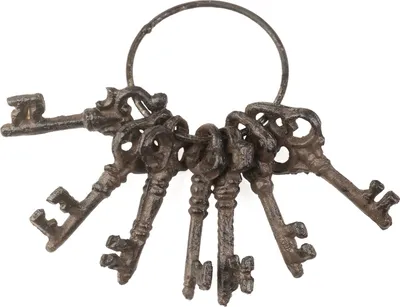 Produktbild von Dekorativer Schlüsselbund mit 7 antiken Schlüsseln aus Gusseisen, Vintage-Stil, 12x6 cm, schwer & detailreich, für Wanddeko, Schlüsselbrett oder rustikale Dekoideen