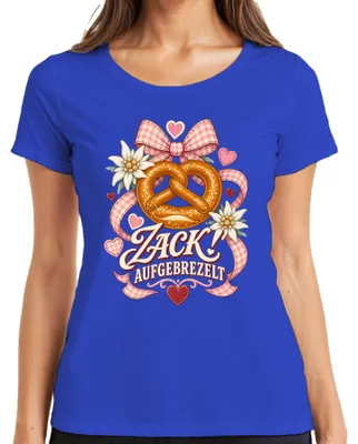 Produktbild von Zack! Aufgebrezelt Brezel Edelweiß  Herz Lederhose Madl Damen T-Shirt, Blau, 3XL